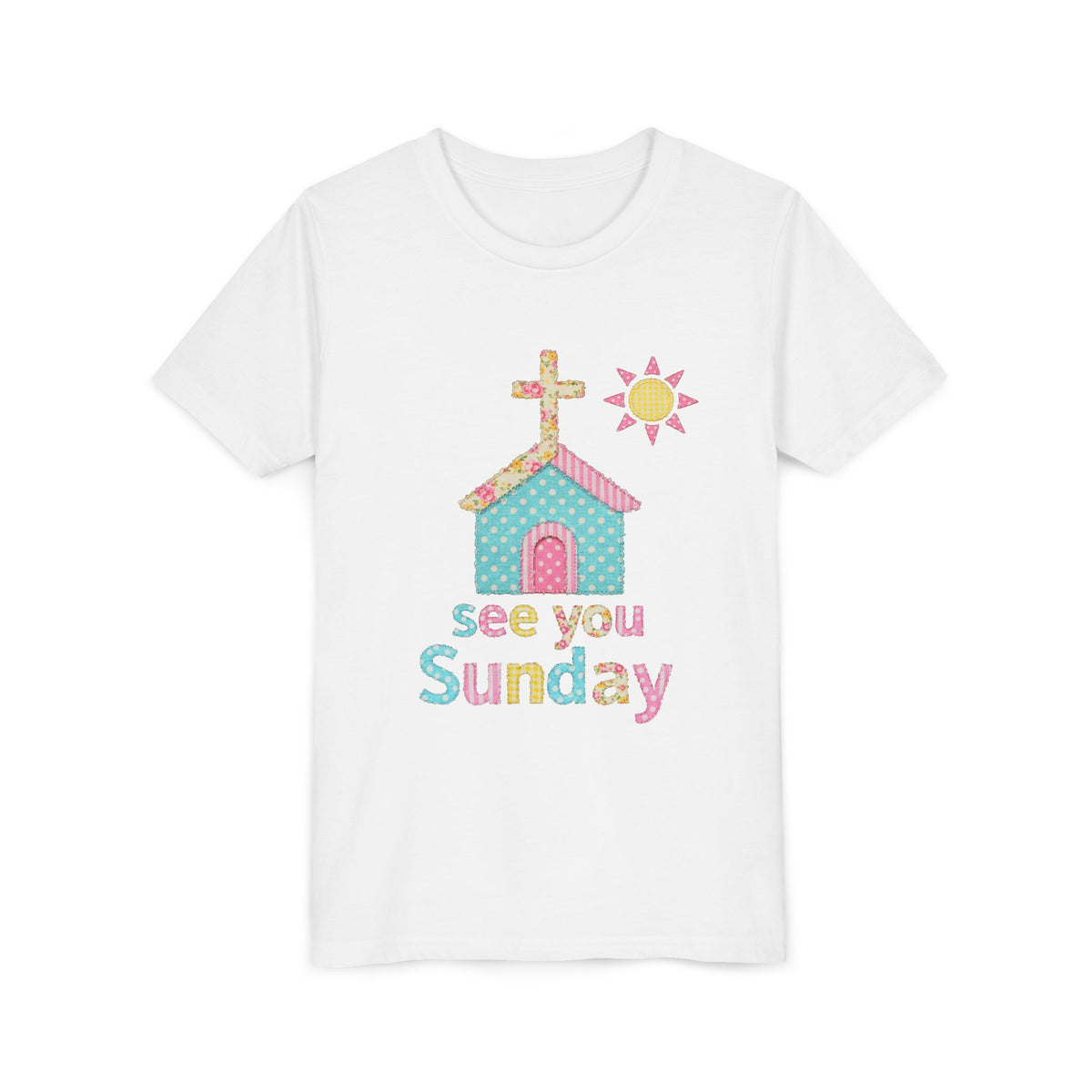 See You Sunday Kids T-Shirt Cute Patchwork Church Christian Graphic Tee