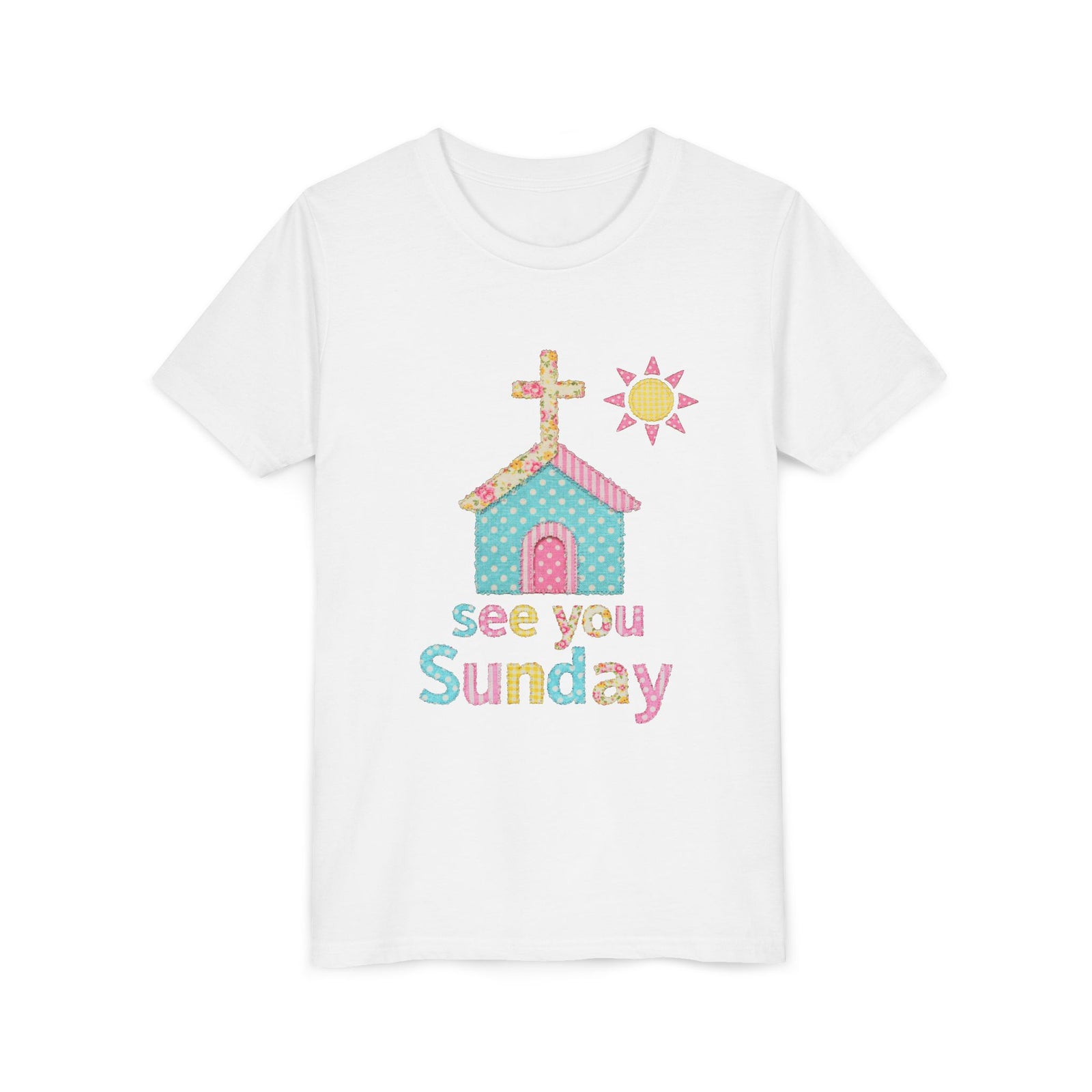 See You Sunday Kids T-Shirt Cute Patchwork Church Christian Graphic Tee