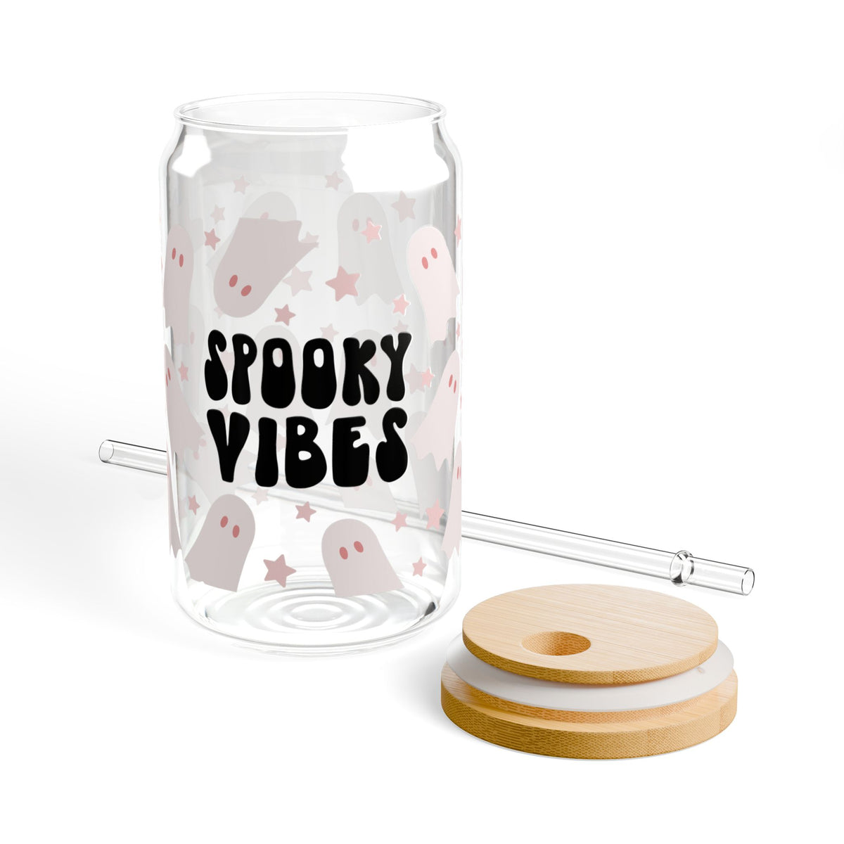 Spooky Vibes Ghost Halloween Sipper Glass 16oz Reusable Drink Jar with Lid & Straw