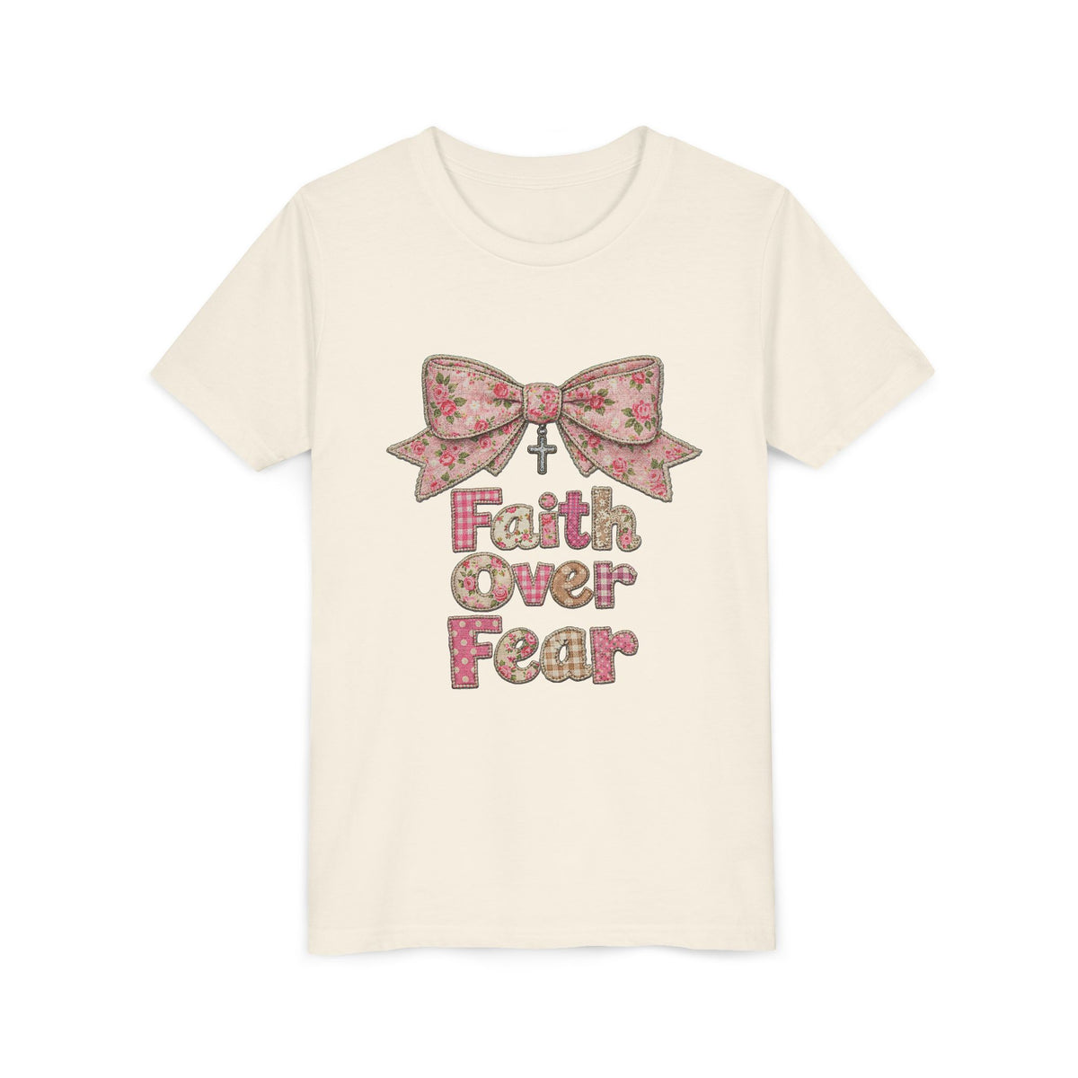 Faith Over Fear Coquette Bow Kids T-Shirt Cute Pink Christian Graphic Tee