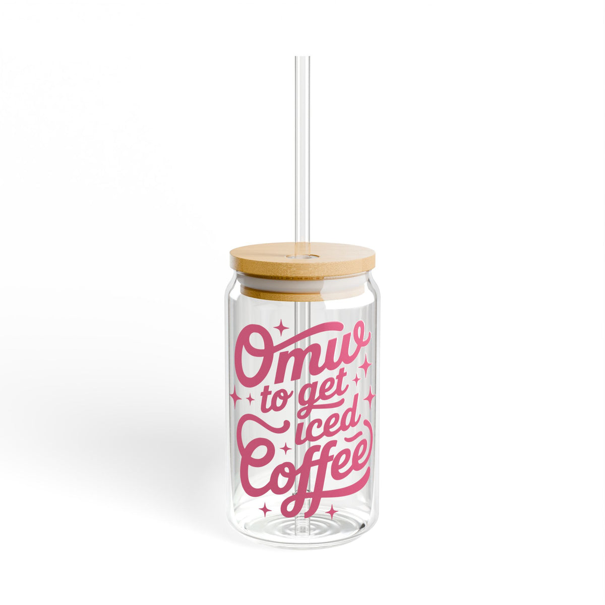 OMW to Get Iced Coffee Retro Pink Script Sipper Glass 16oz Reusable Drink Jar with Lid & Straw