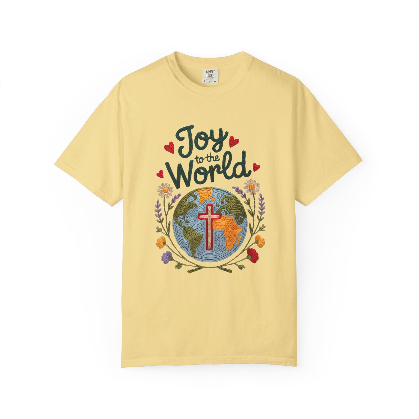 Joy to the World Faux Embroidery Tee Christian Holiday Graphic T-Shirt