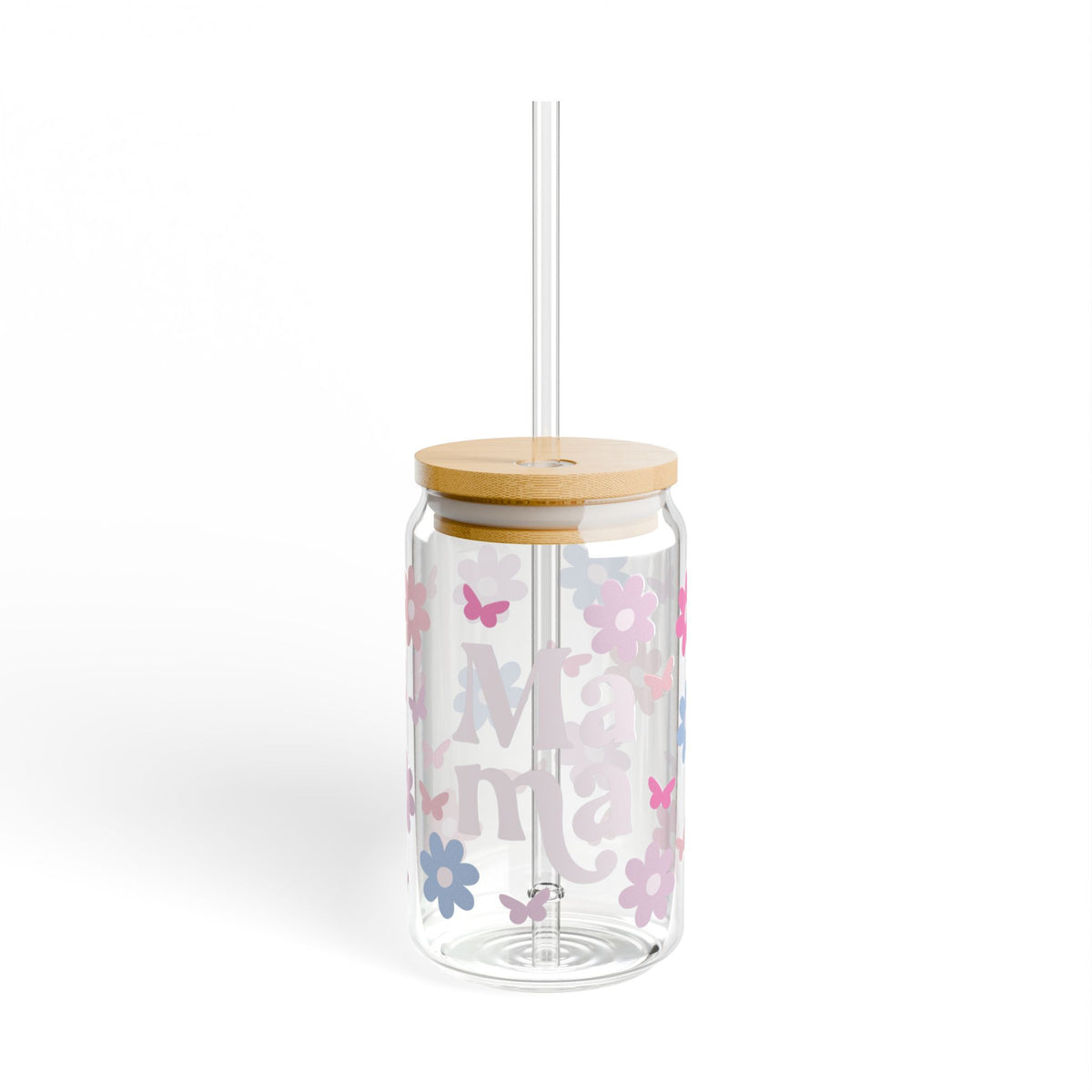 Mama Floral Tumbler Sipper Glass 16oz — Reusable Drink Jar with Lid & Straw