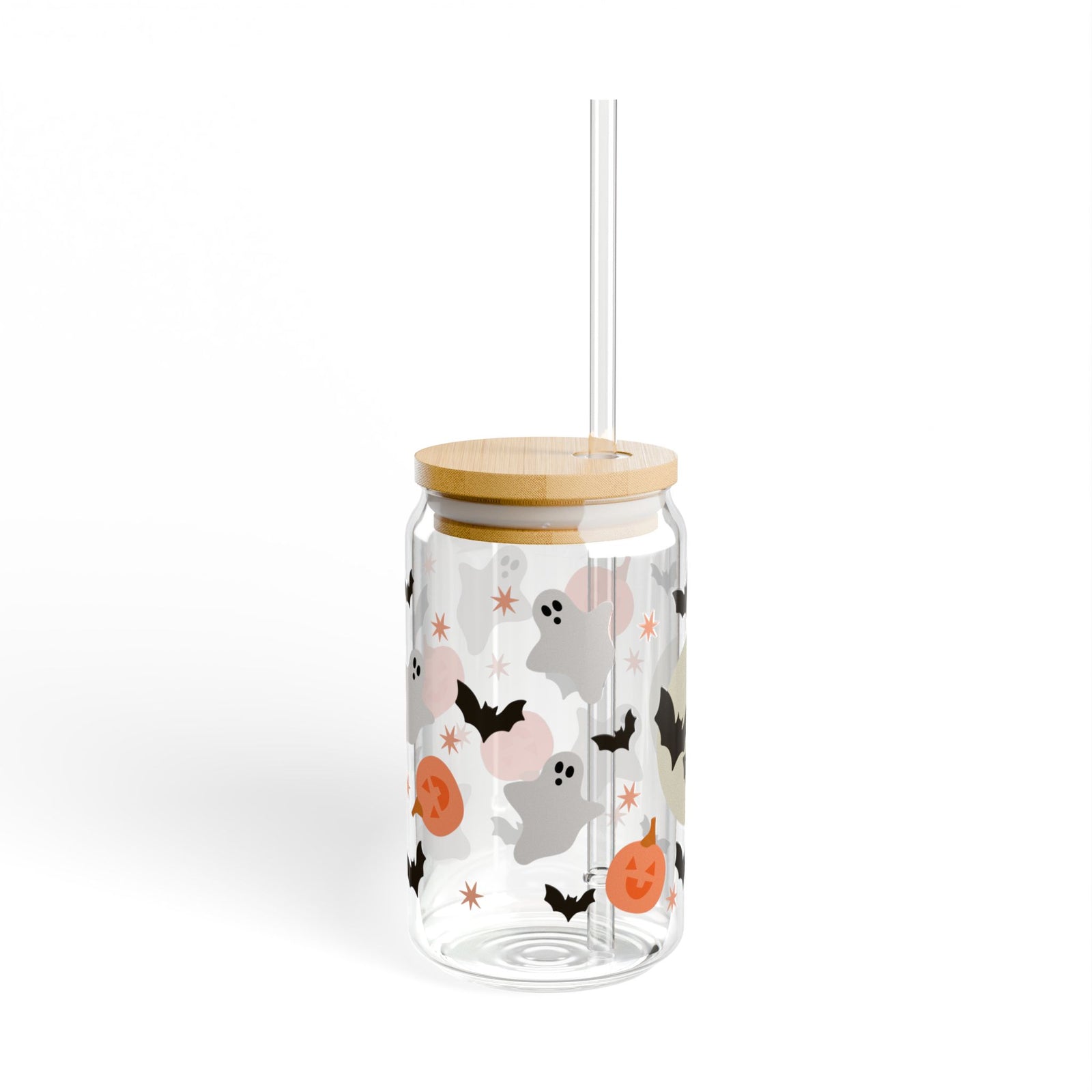 Halloween Bat & Pumpkin Sipper Glass 16oz Reusable Drink Jar with Lid & Straw
