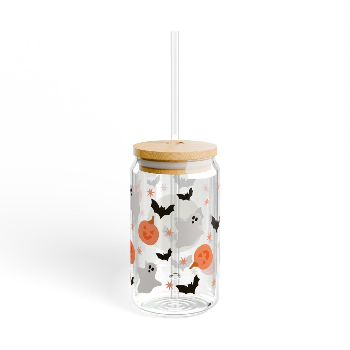 Halloween Bat & Pumpkin Sipper Glass 16oz Reusable Drink Jar with Lid & Straw