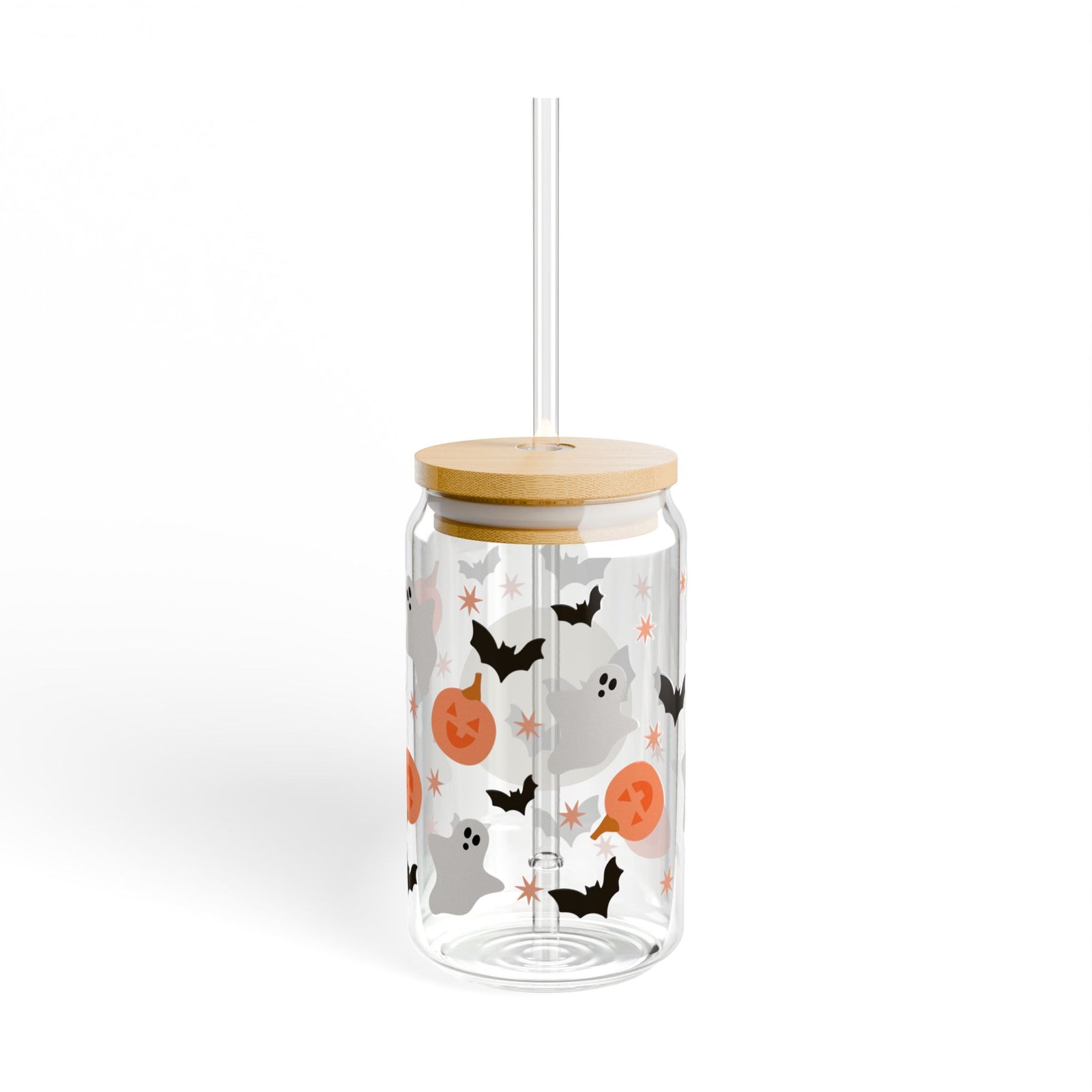 Halloween Bat & Pumpkin Sipper Glass 16oz Reusable Drink Jar with Lid & Straw