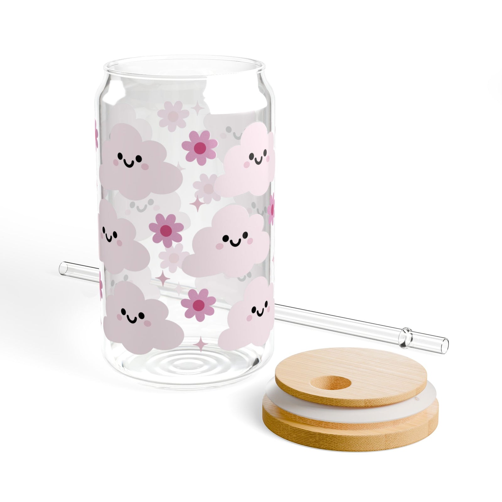 Happy Cloud Pink Tumbler Sipper Glass 16oz — Reusable Drink Jar with Lid & Straw