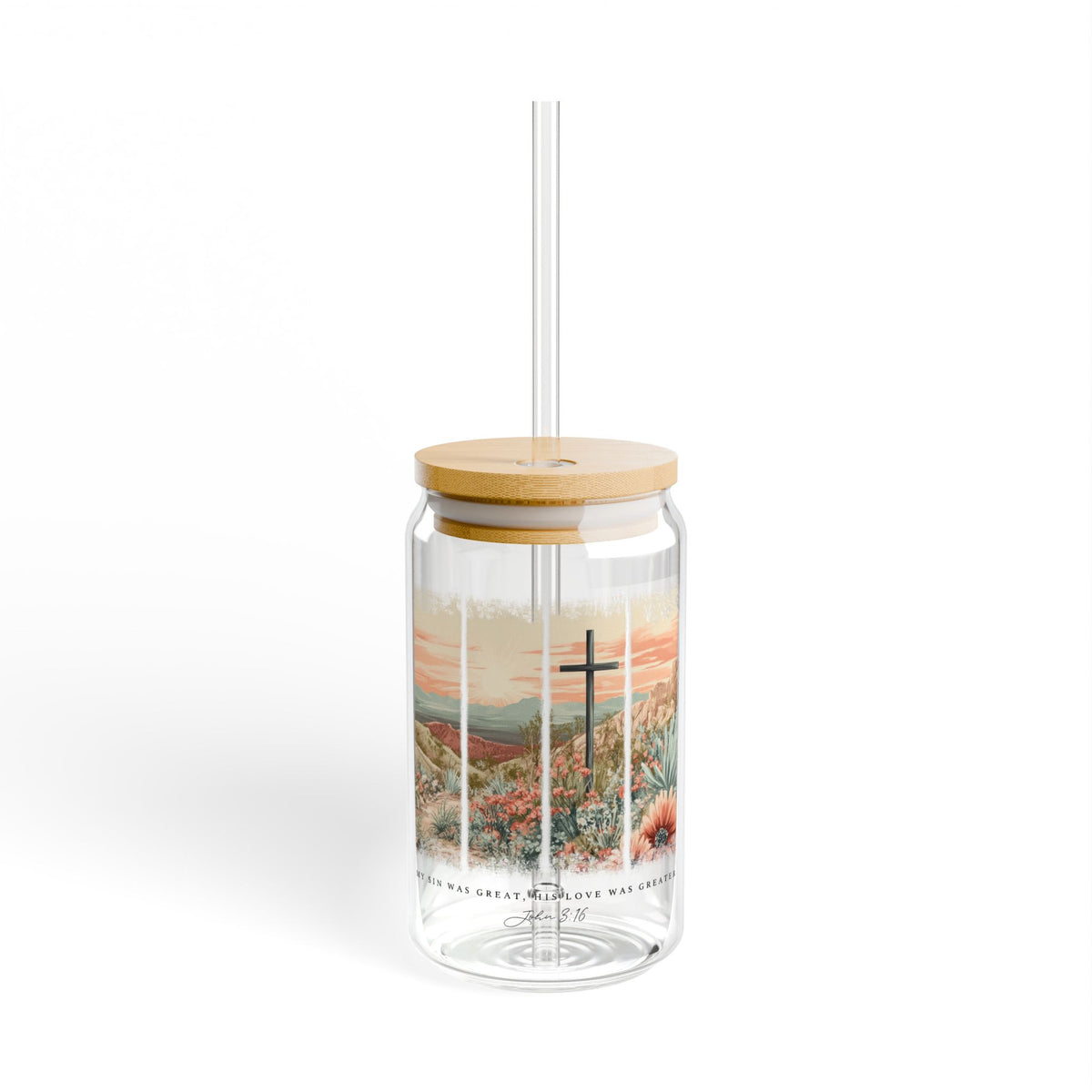My Sin Was Great John 3:16 Christian Sipper Glass 16oz Reusable Drink Jar with Lid & Straw