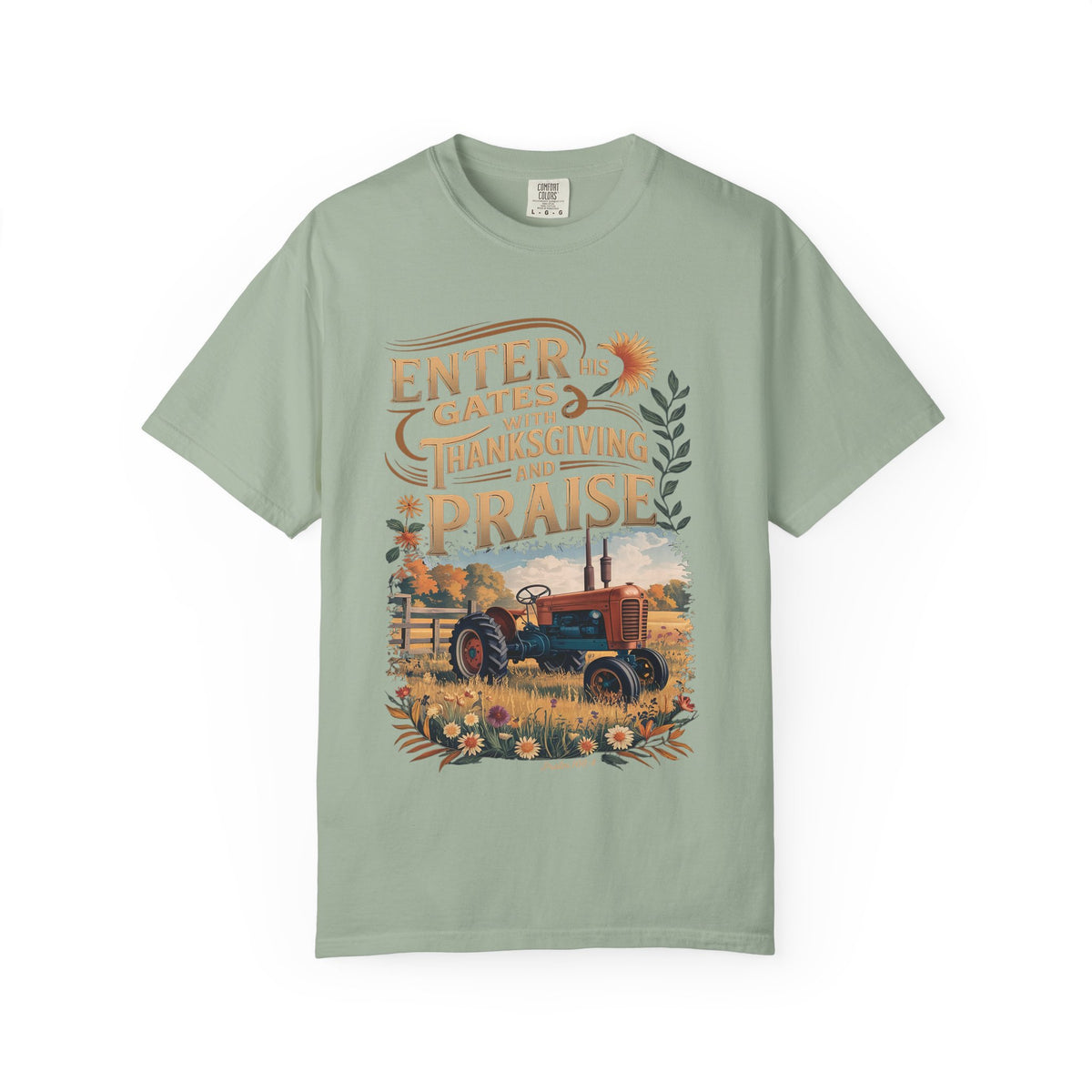 Enter His Gates with Thanksgiving and Praise Tractor T-Shirt Fall Christian Tee
