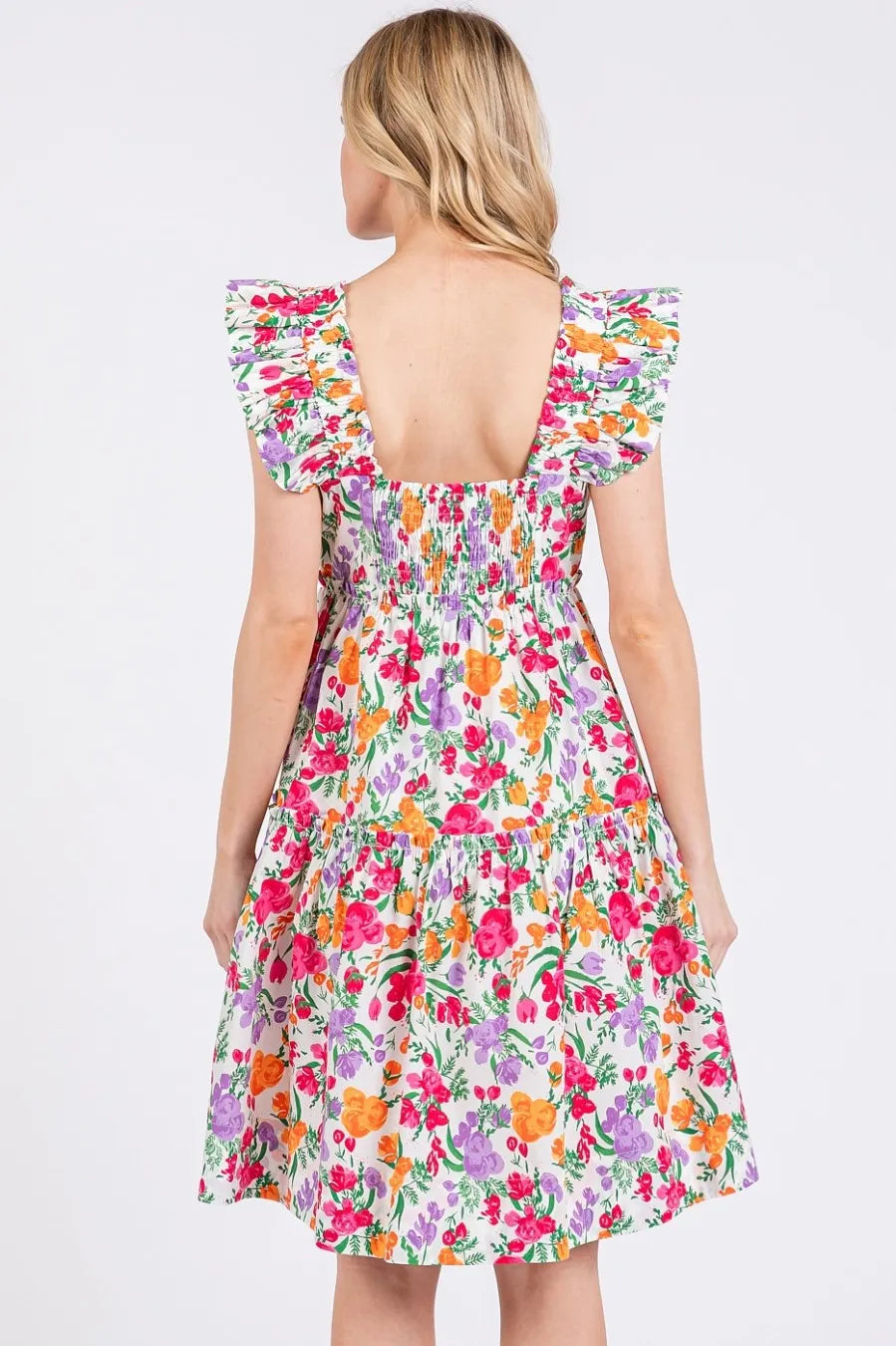 Mittoshop Flower Print Ruffle Shoulder A-line Mini Dress - Sydney So Sweet