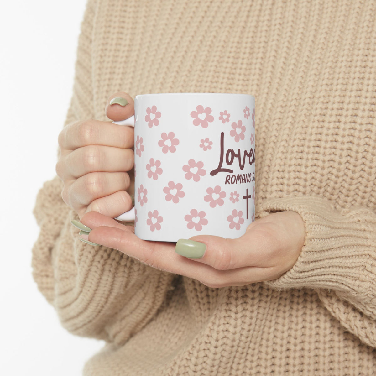 Loved Romans 5:8 Ceramic Mug — Floral Christian Inspirational Coffee Cup