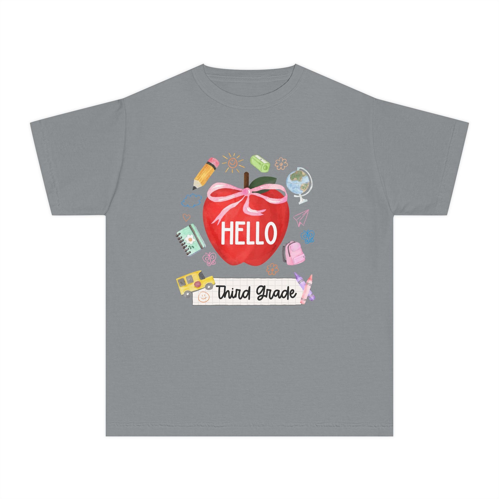 Hello Third Grade Preppy Coquette Apple Graphic Tee Back to School 3rd Grade T-Shirt