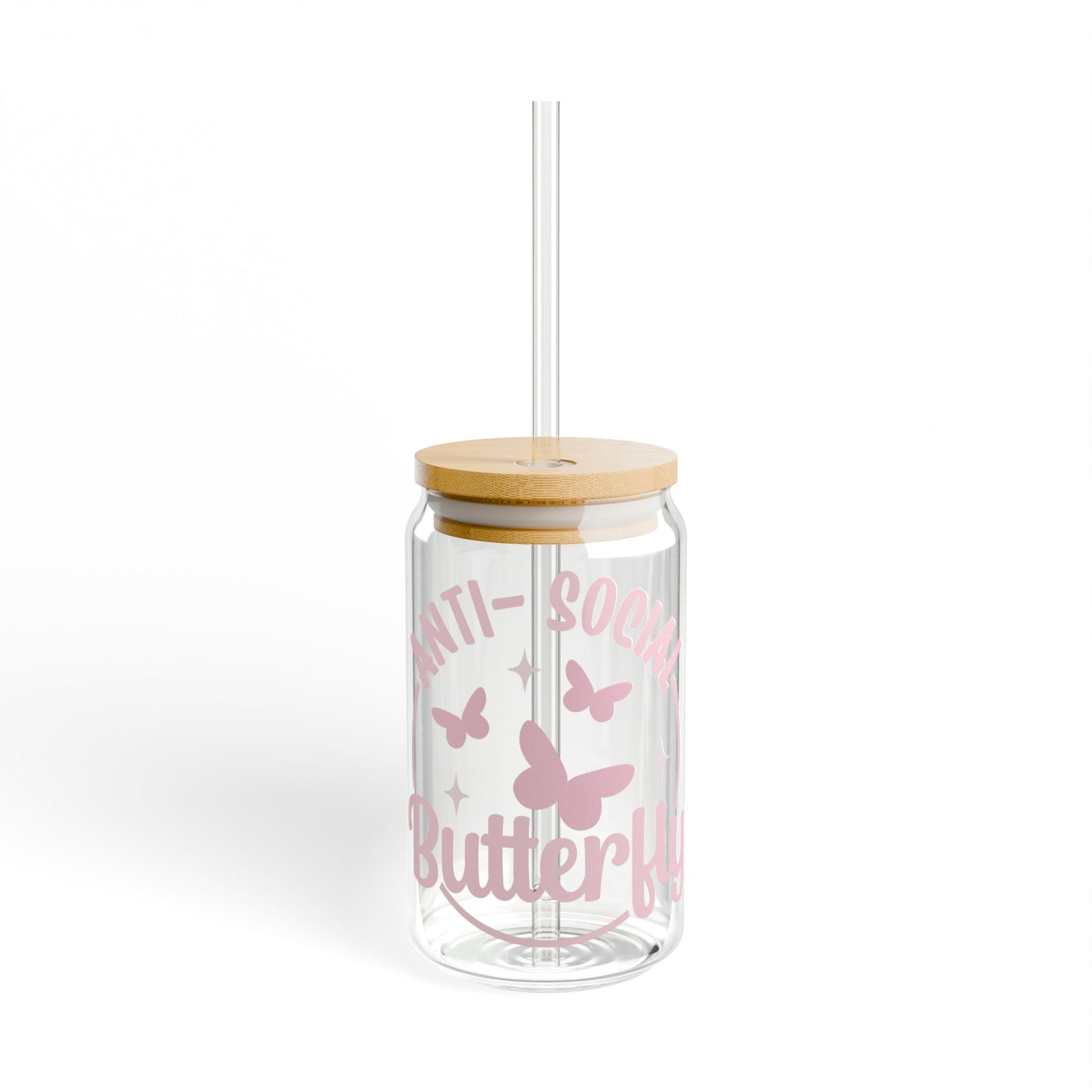 Anti-social Butterfly Tumbler Sipper Glass 16oz — Reusable Drink Jar with Lid & Straw