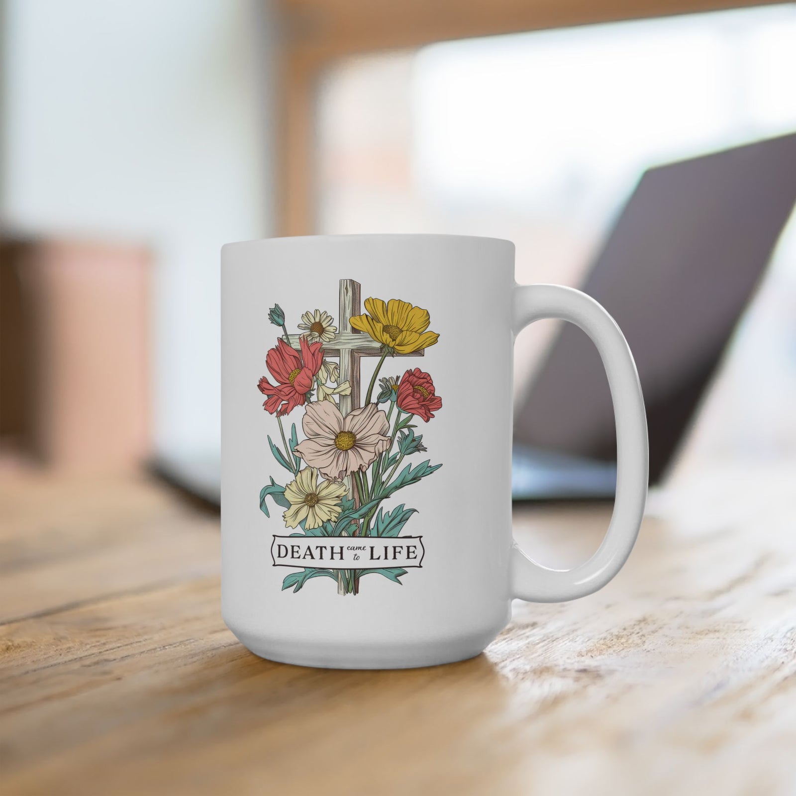 Death Came to Life Floral Cross Christian Ceramic Mug Coffee Cup (11oz & 15oz)