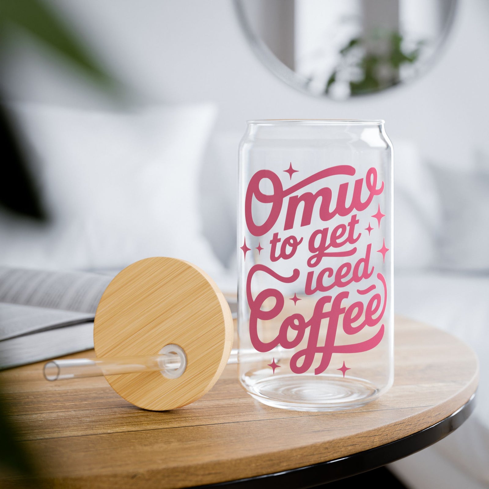 OMW to Get Iced Coffee Retro Pink Script Sipper Glass 16oz Reusable Drink Jar with Lid & Straw