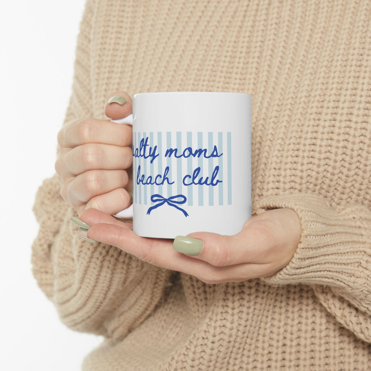 Salty Moms Beach Club Coastal Stripe Ceramic Mug Coffee Cup (11oz & 15oz)