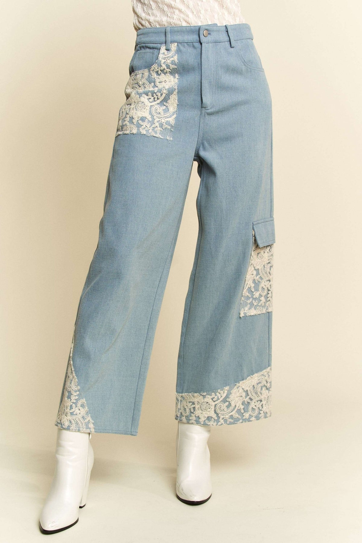 Davi &amp; Dani Lace Applique Wide Leg Jeans - Sydney So Sweet