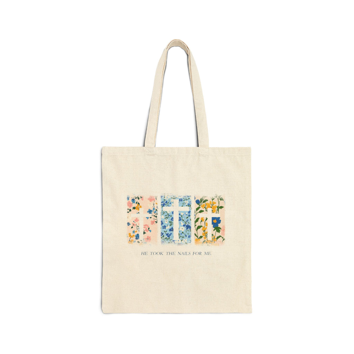 He Took the Nails for Me Christian Cross Cotton Canvas Floral Tote Bag