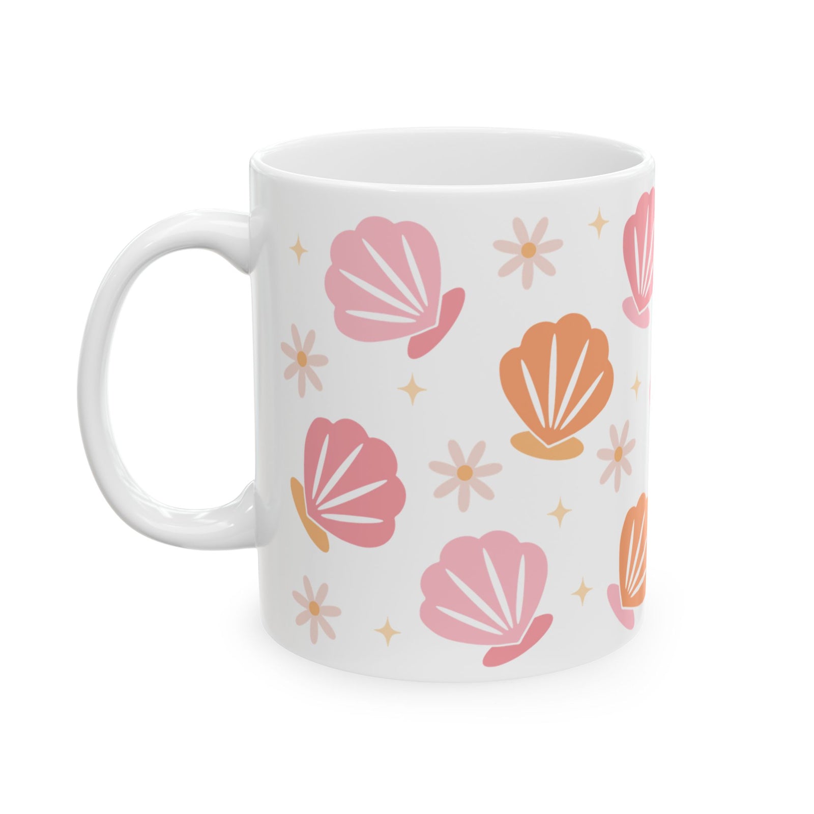 Sea Shell Pattern Ceramic Mug — Pink & Peach Seashell Coffee Cup (11oz/15oz)