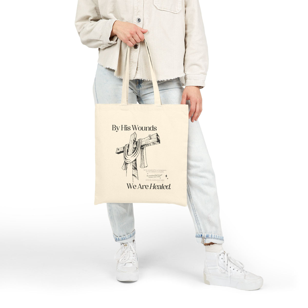 By His Wounds We Are Healed Christian Cross Cotton Canvas Tote Bag