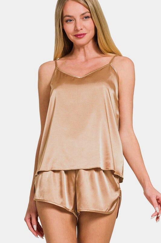 Zenana V-Neck Satin Cami and Elastic Waist Shorts Lounge Set - Sydney So Sweet