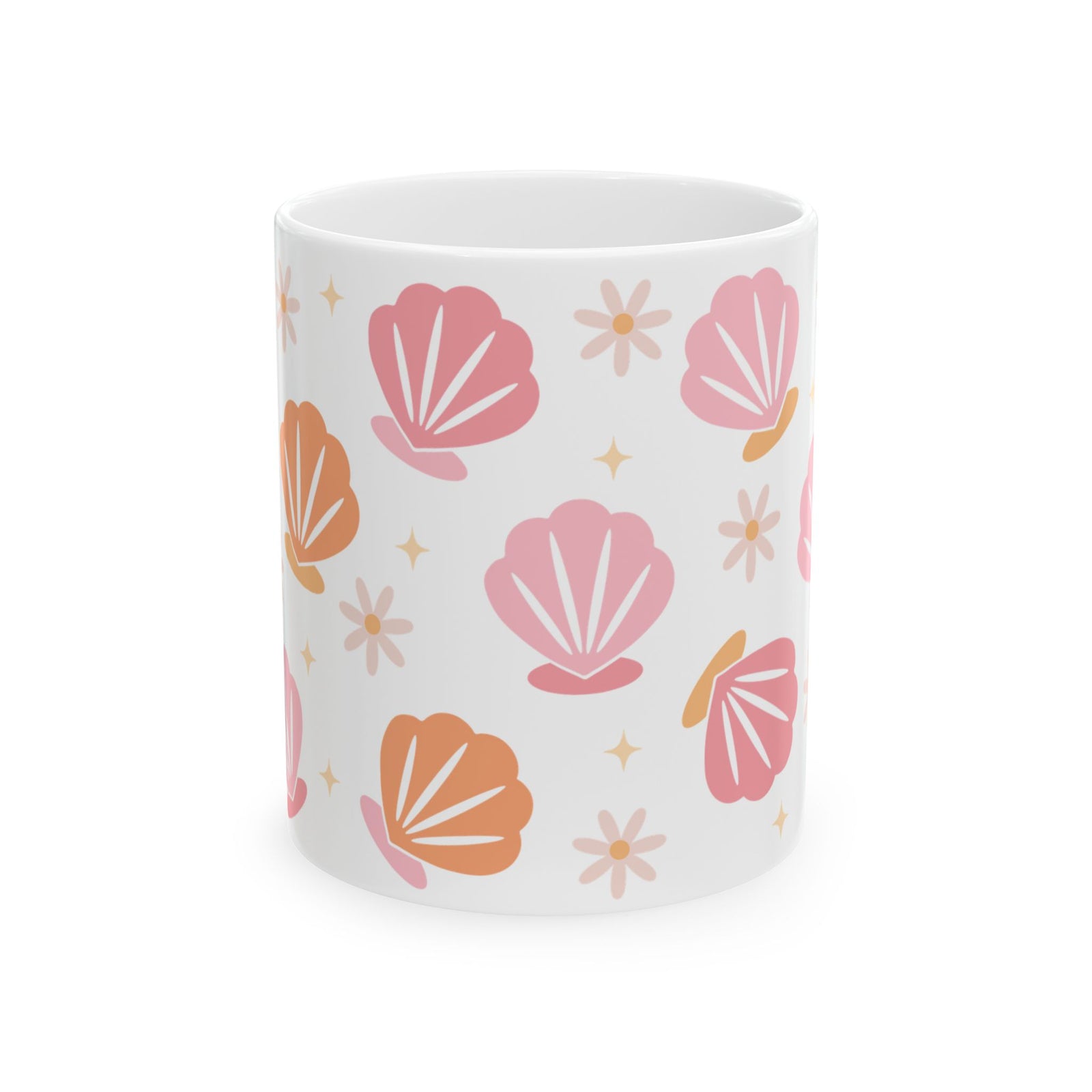 Sea Shell Pattern Ceramic Mug — Pink & Peach Seashell Coffee Cup (11oz/15oz)