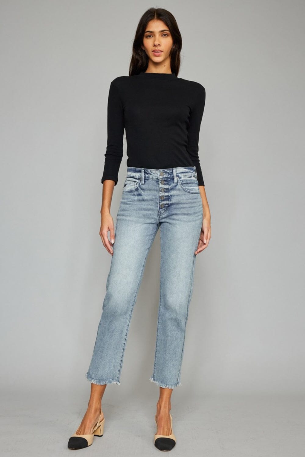 Kancan High Waist Button Fly Raw Hem Cropped Straight Jeans - Sydney So Sweet