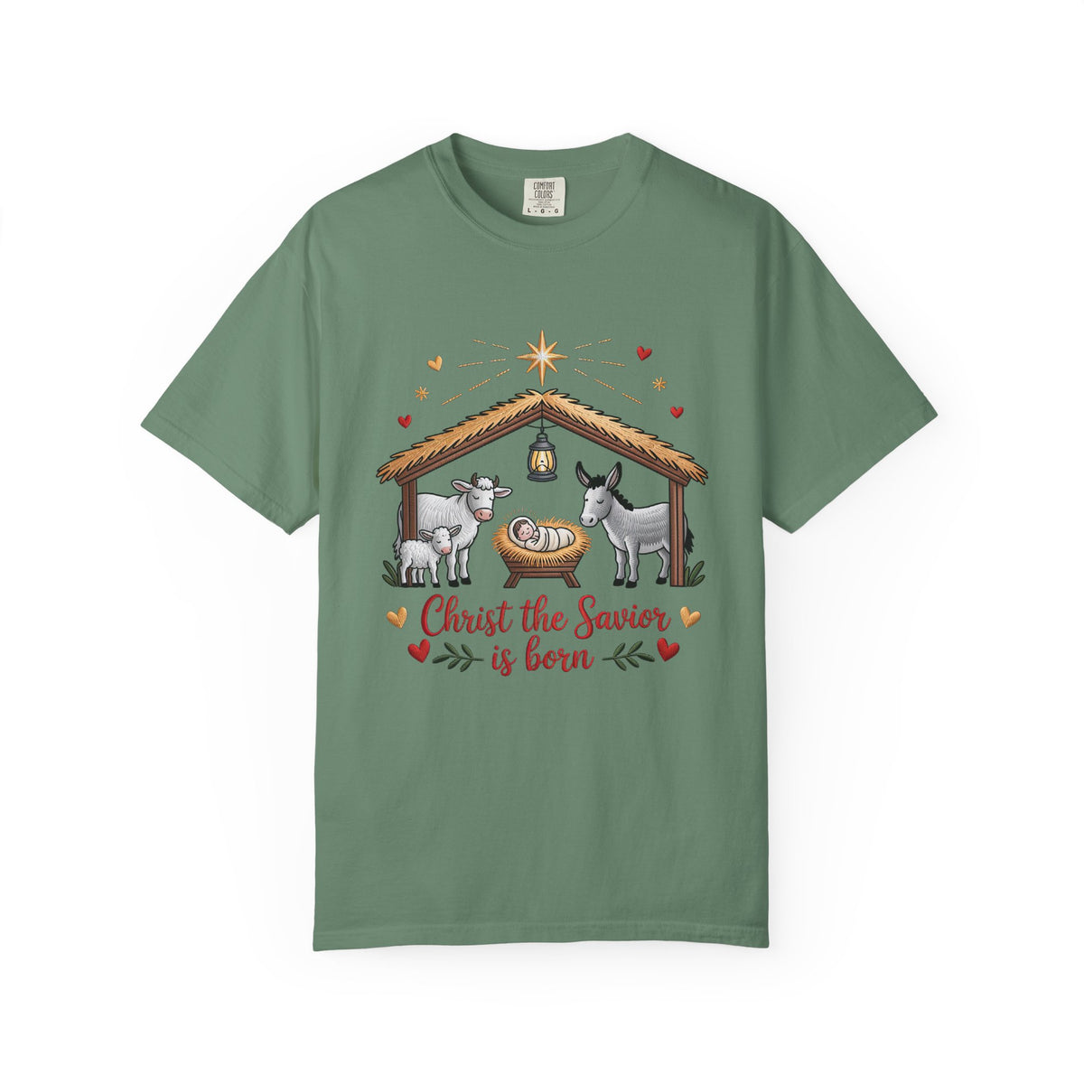 Christ the Savior is Born Faux Embroidery T-Shirt Nativity Scene Graphic Tee