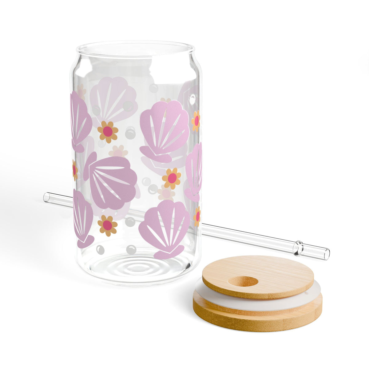 Shells Tumbler Sipper Glass 16oz — Reusable Drink Jar with Lid & Straw