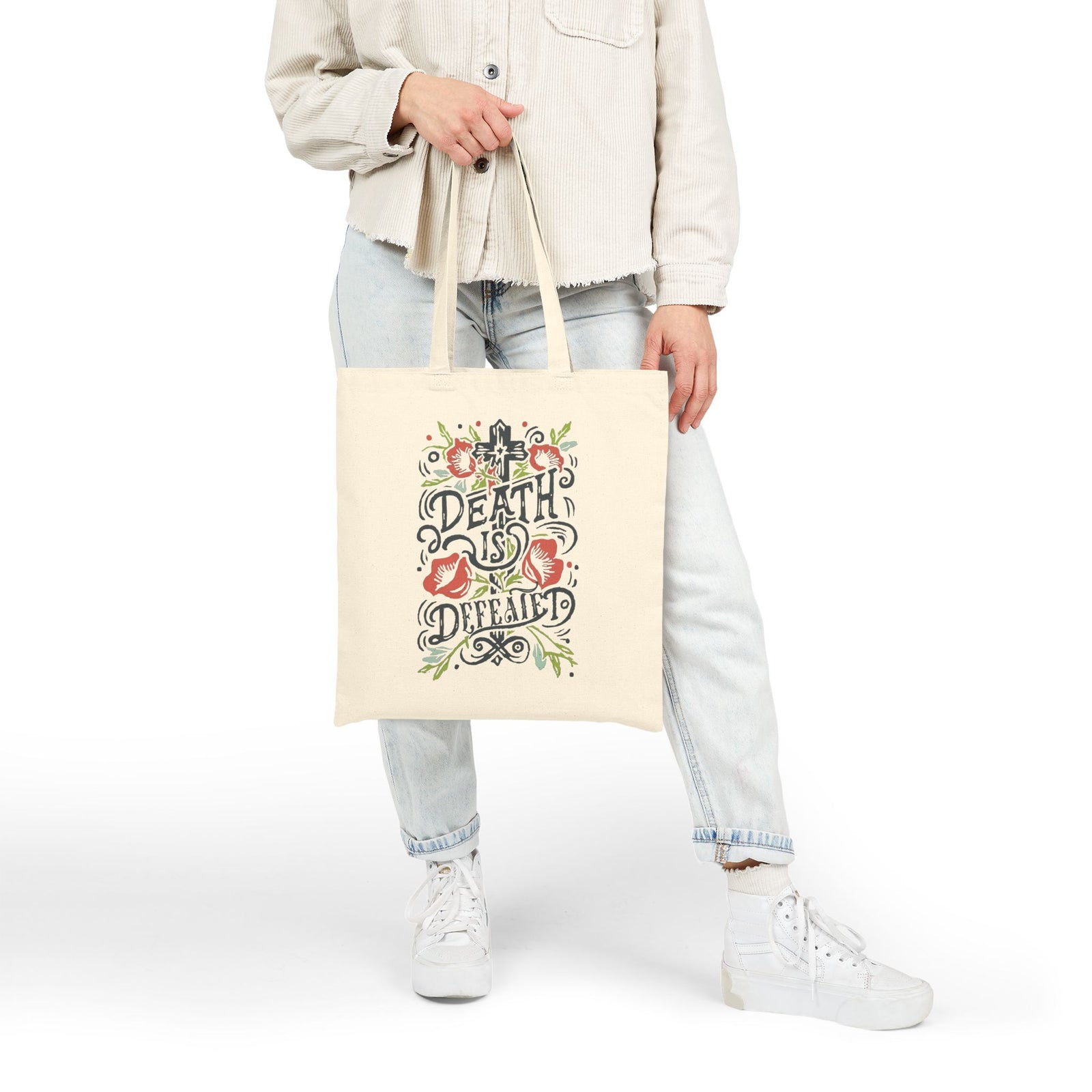 Death Is Defeated Floral Cross Christian Cotton Canvas Tote Bag