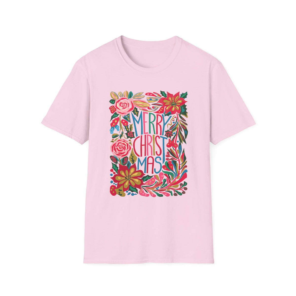 Merry Christmas Bright Holiday Florals Tee Graphic T-Shirt
