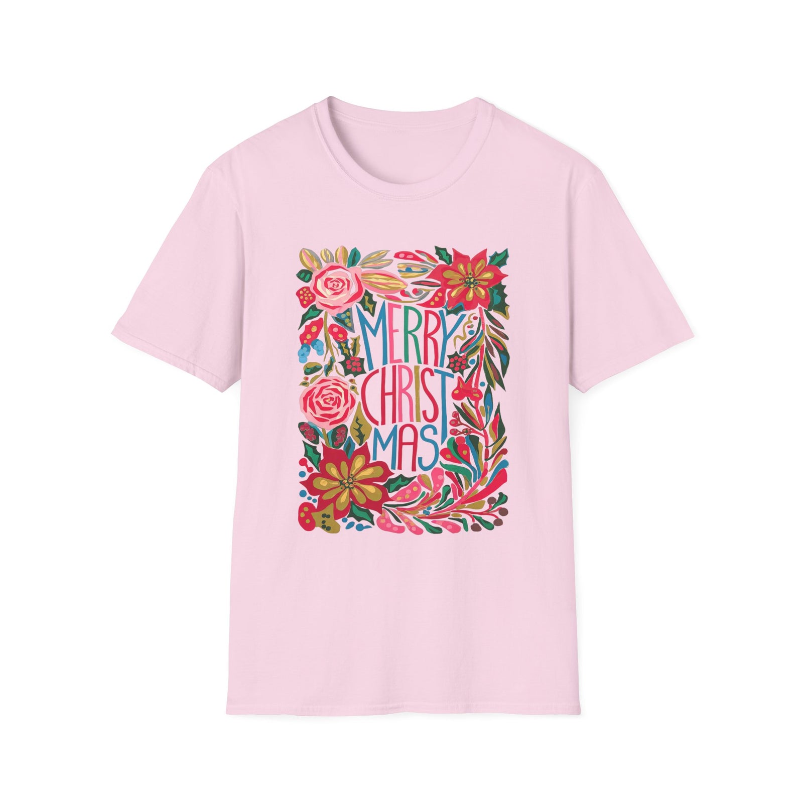 Merry Christmas Bright Holiday Florals Tee Graphic T-Shirt