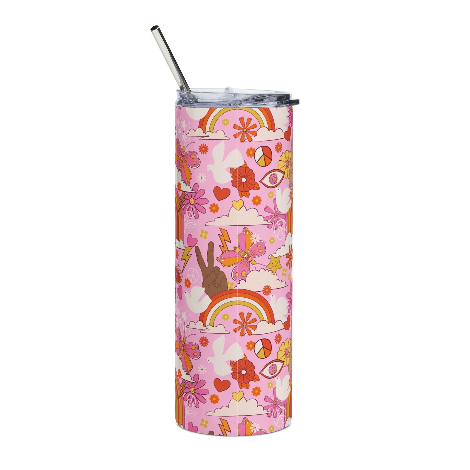 Peace Retro Floral Rainbow 20oz Floral Stainless Tumbler Insulated Travel Cup - Sydney So Sweet