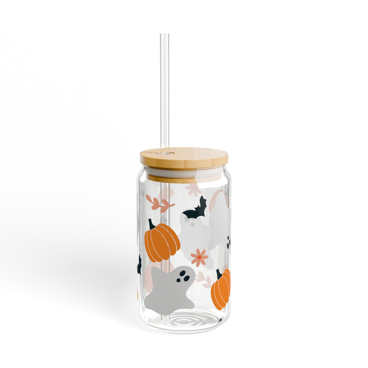 Halloween Classic Ghost & Pumpkin Sipper Glass 16oz Reusable Drink Jar with Lid & Straw