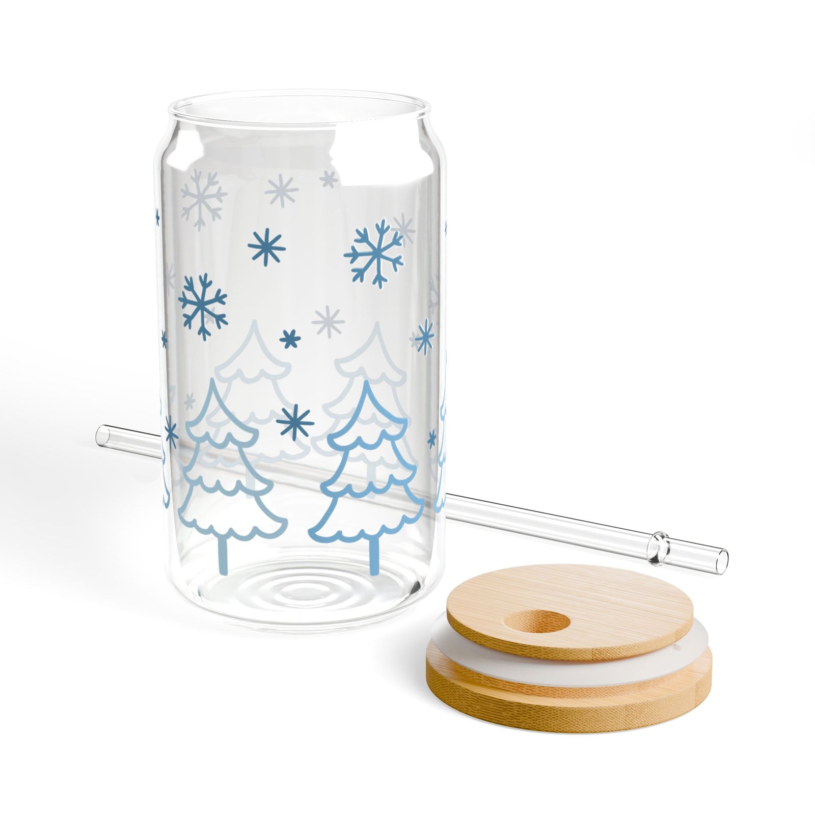Snow Day Winter Christmas 16 oz reusable glass drink jar with lid and straw