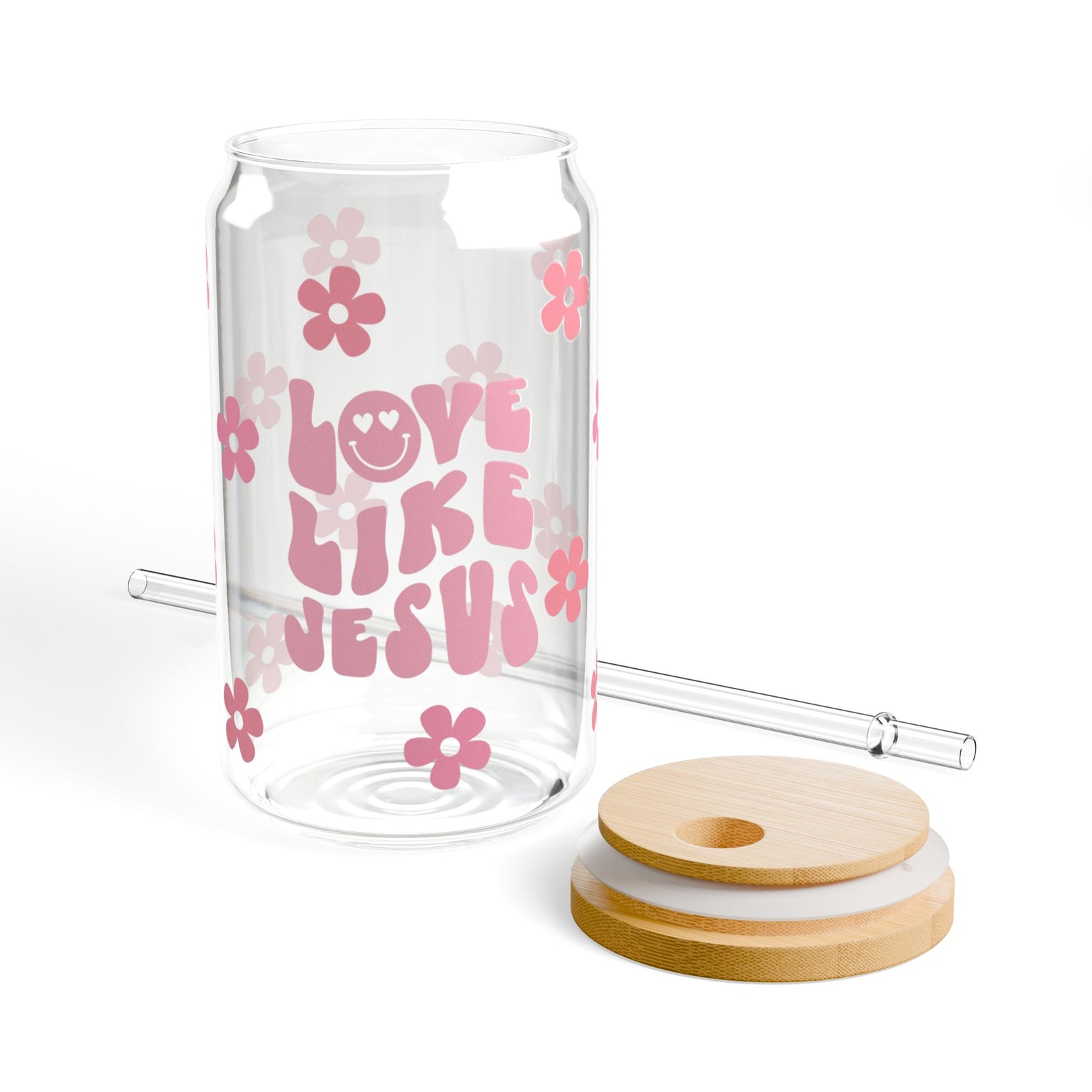 Love Like Jesus Pink Flower Floral Christian Tumbler Sipper Glass 16oz — Reusable Drink Jar with Lid & Straw