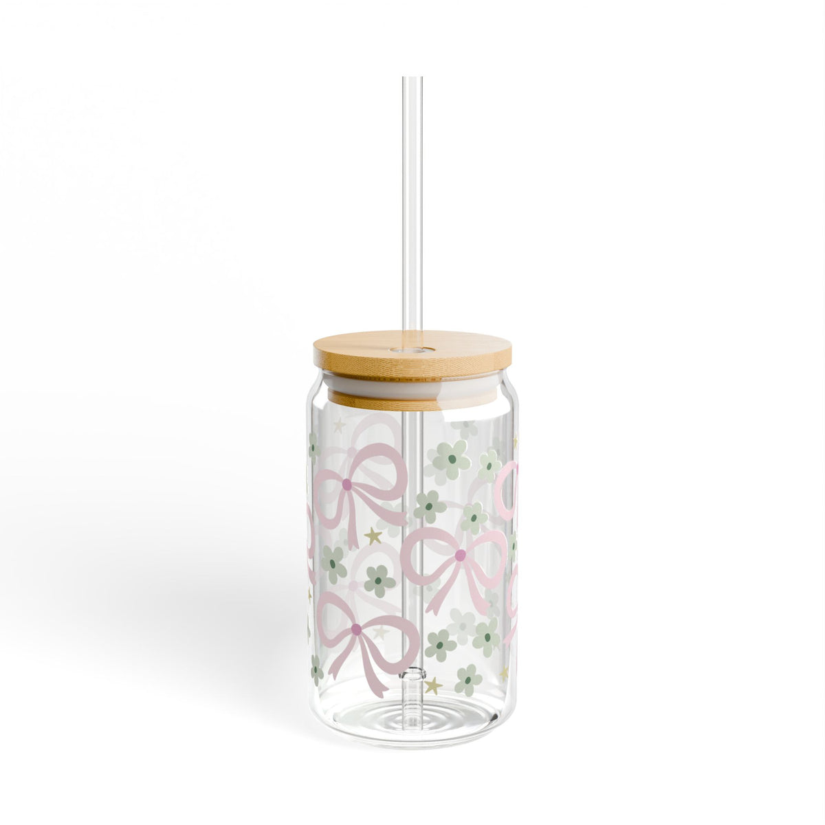 Spring Bows Tumbler Sipper Glass 16oz — Reusable Drink Jar with Lid & Straw