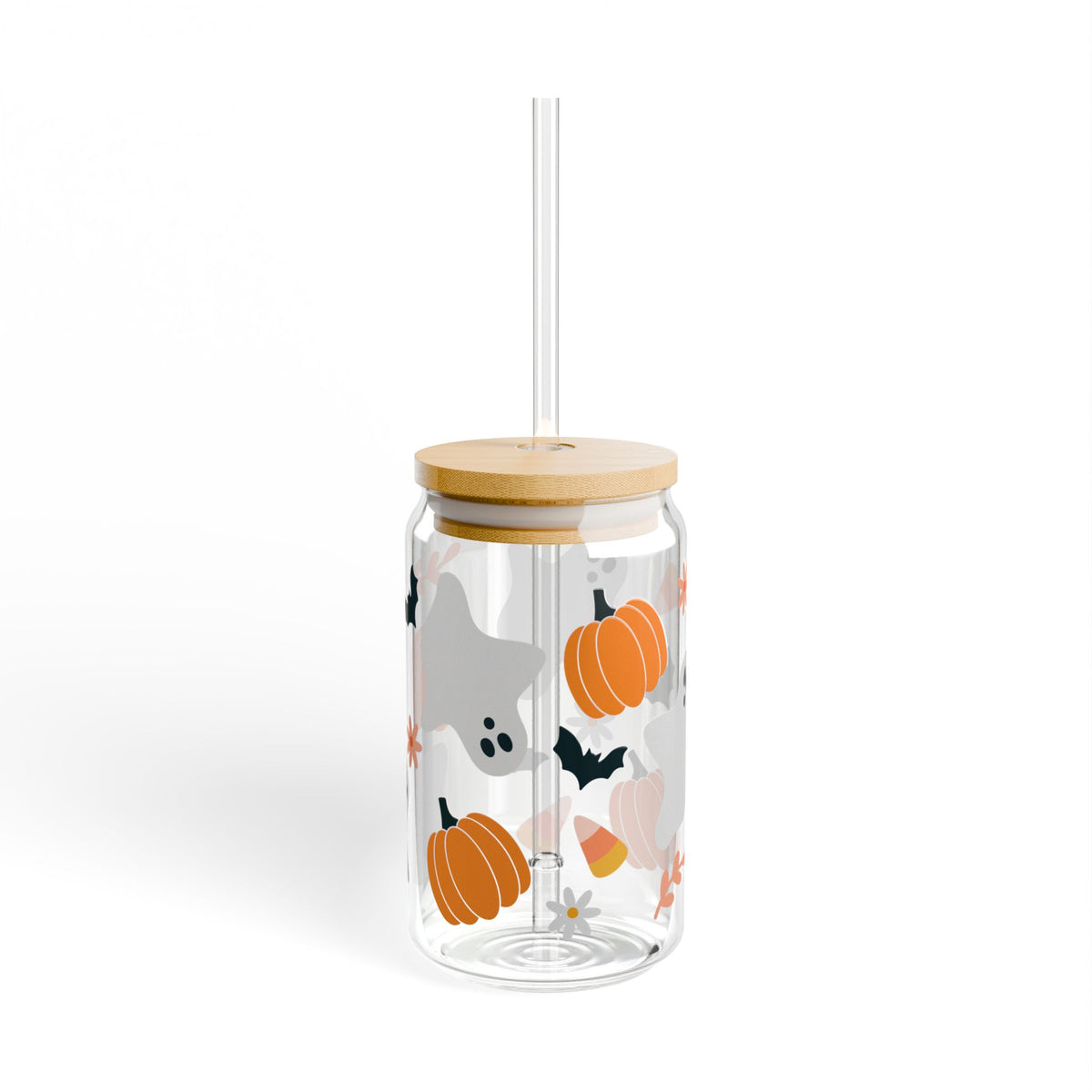 Halloween Classic Ghost & Pumpkin Sipper Glass 16oz Reusable Drink Jar with Lid & Straw