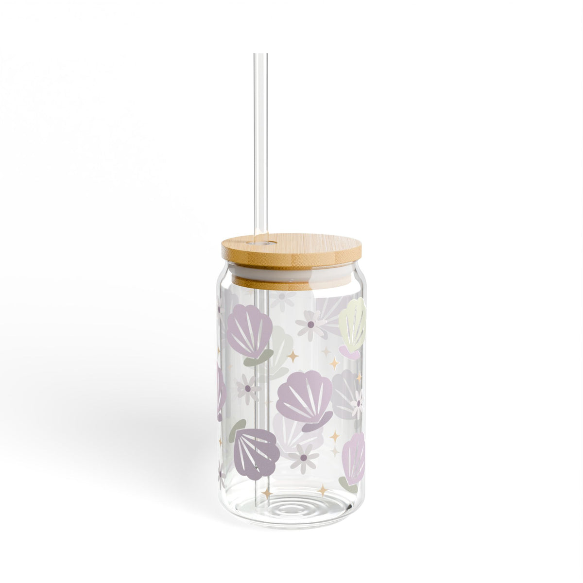 Floral & Seashell Lavender Sipper Glass 16oz — Reusable Drink Jar with Lid & Straw