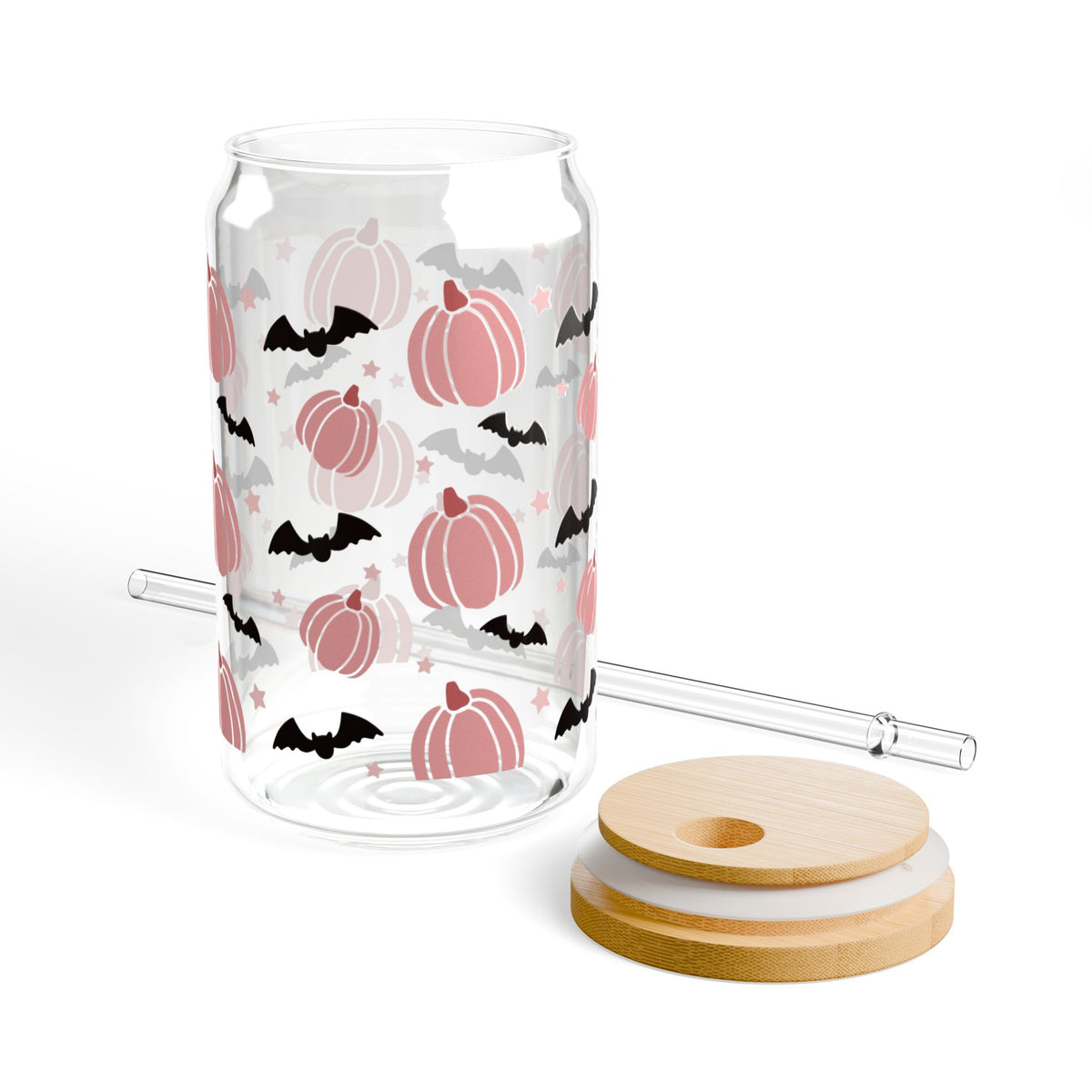 Magic Pink Pumpkin Halloween Sipper Glass 16oz Reusable Drink Jar with Lid & Straw
