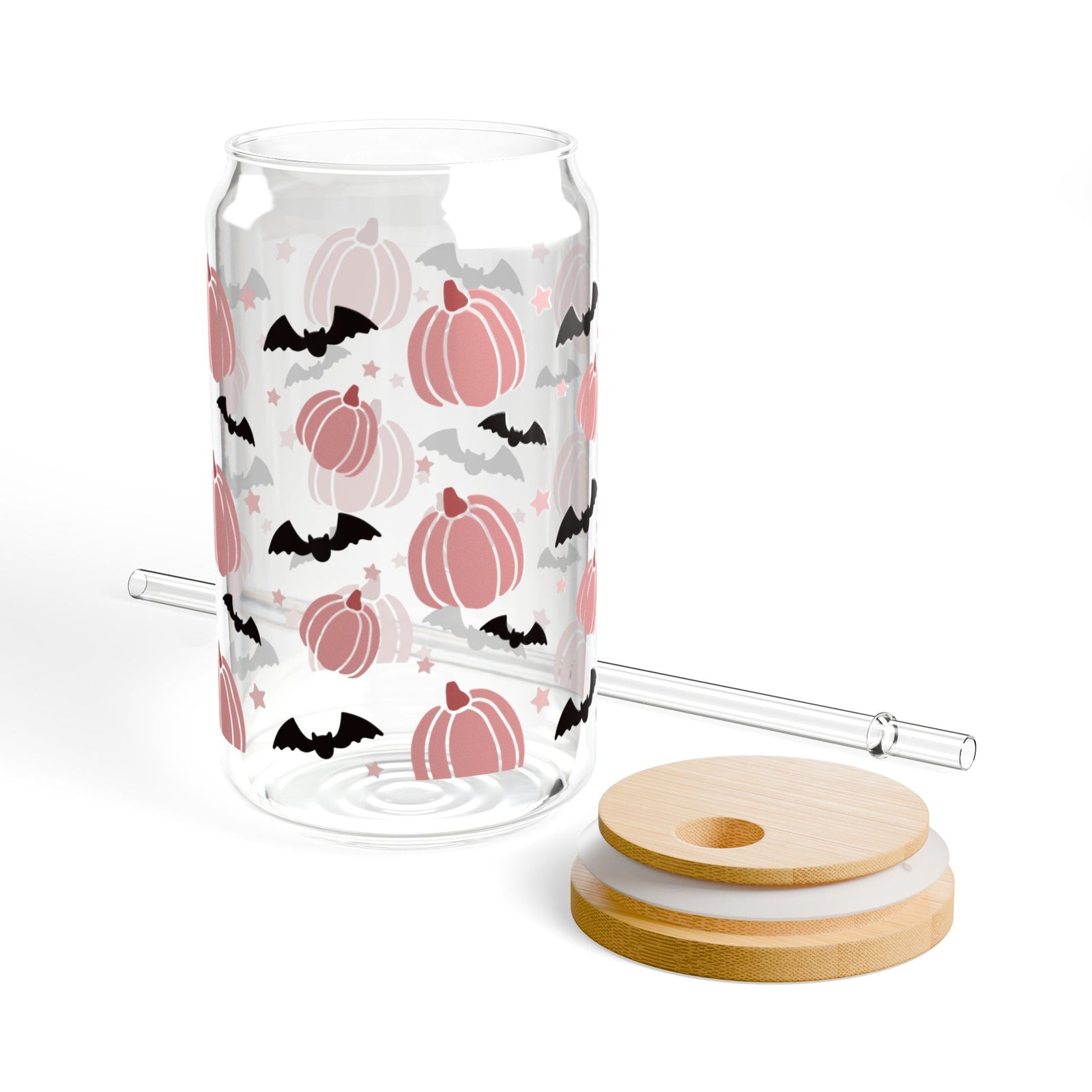 Magic Pink Pumpkin Halloween Sipper Glass 16oz Reusable Drink Jar with Lid & Straw