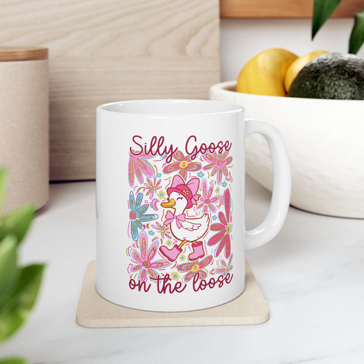 Silly Goose on the Loose Cute Floral Ceramic Mug Coffee Cup (11oz & 15oz)