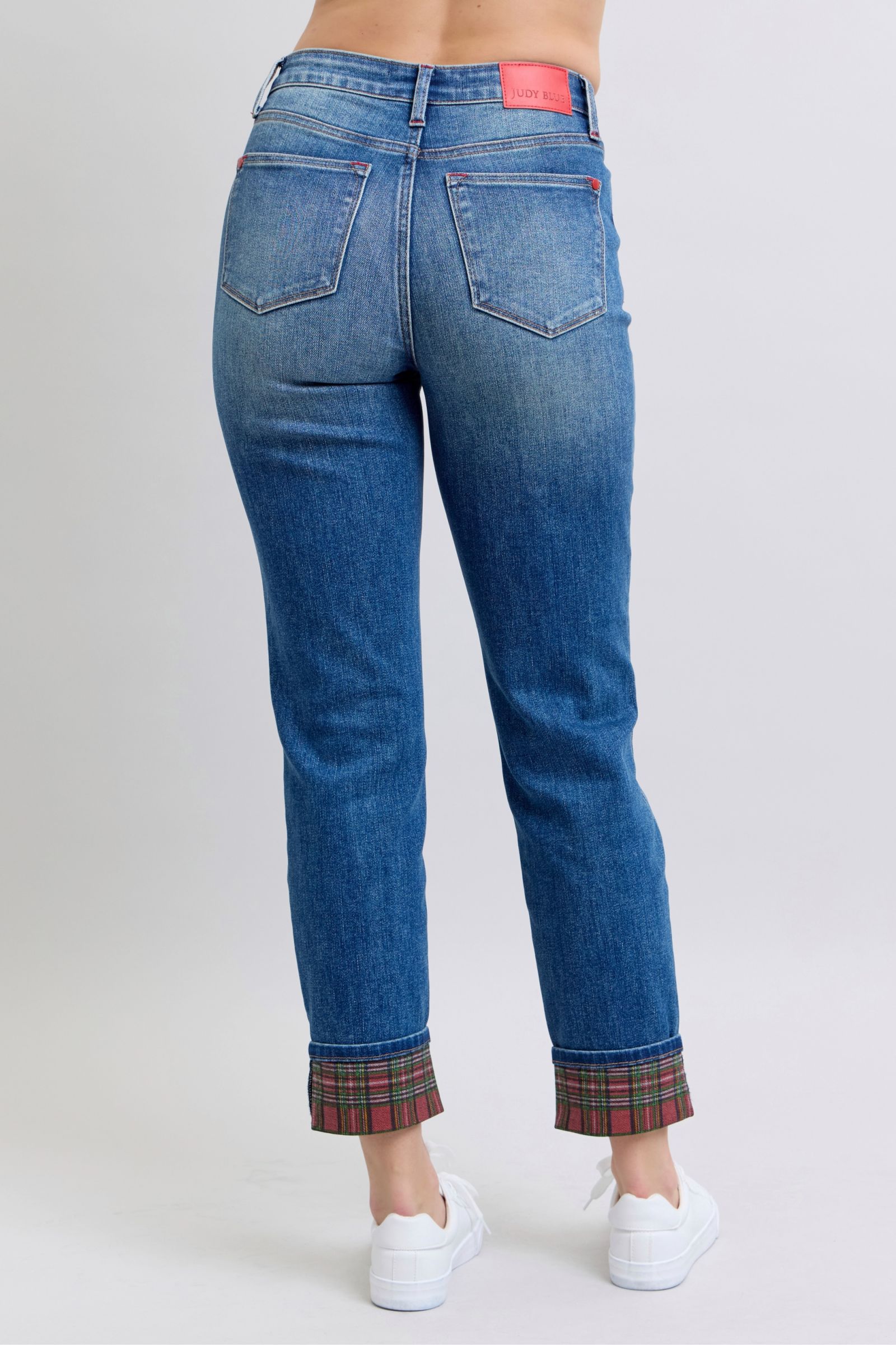 Judy Blue Full Size Plaid Print Cuff Straight Leg Jeans with Pockets - Sydney So Sweet