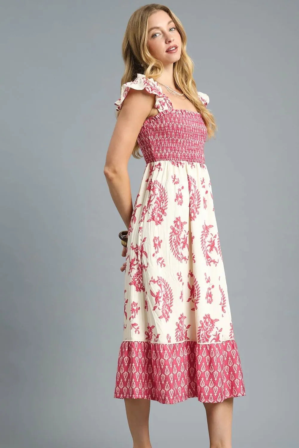 Umgee Printed Smocked Midi Dress with Ruffle Details - Sydney So Sweet