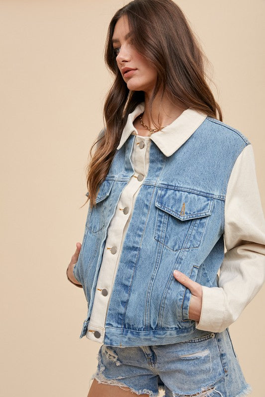 Annie Wear Collared Neck Double Placket Denim Jacket - Sydney So Sweet