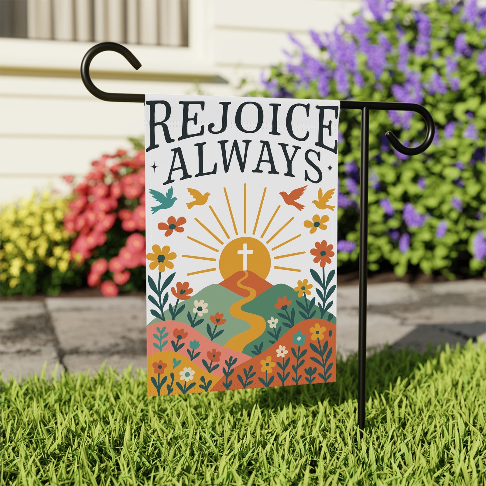 Rejoice Always Garden Flag Christian Banner with Cross & Floral Sunrise