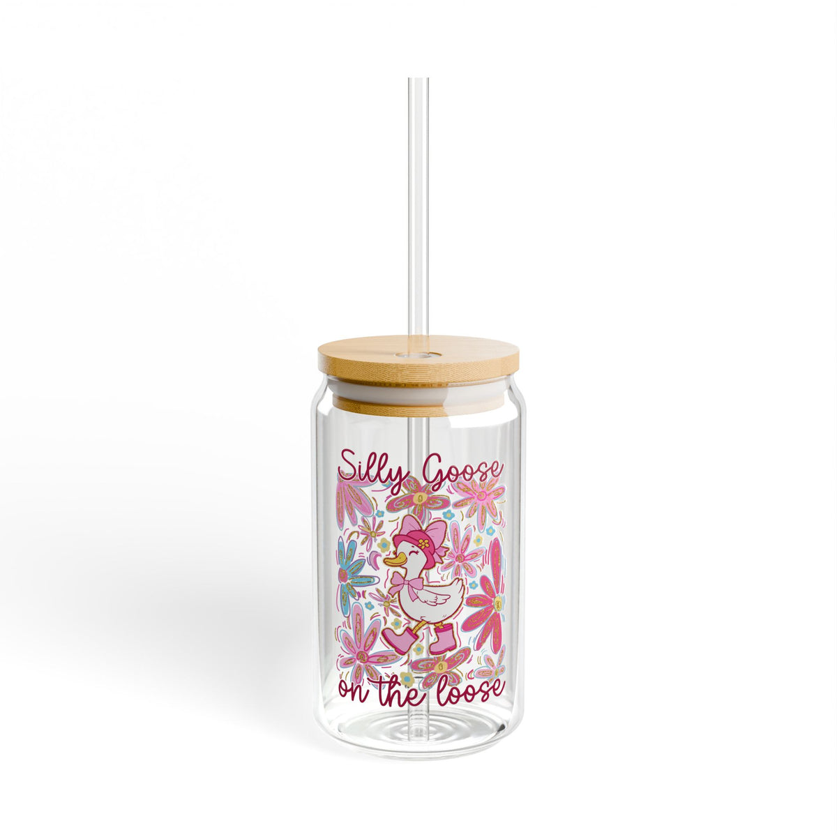 Silly Goose on the Loose Sipper Glass 16oz Reusable Drink Jar with Lid & Straw