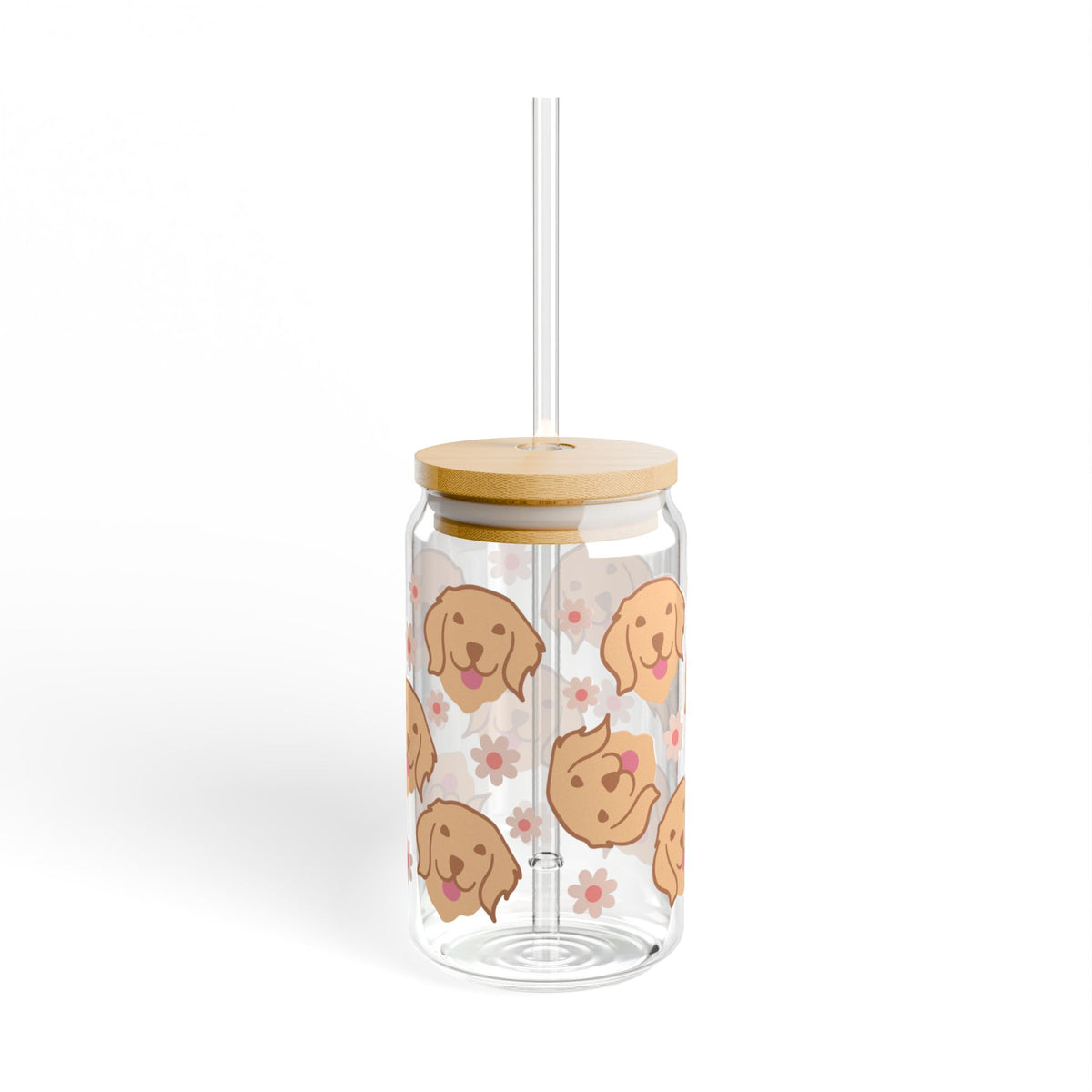 Cute Golden Retriever Sipper Glass 16oz — Reusable Drink Jar with Lid & Straw