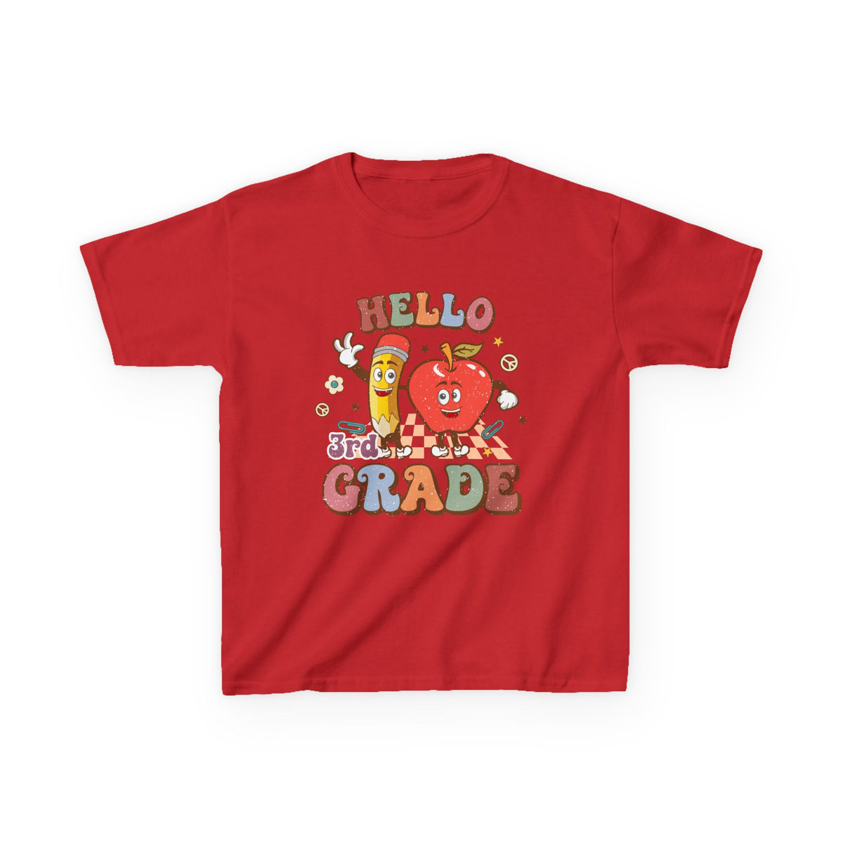 Hello 3rd Grade Cute Apple & Pencil Graphic Tee Back-to-School Third Grade Kids T-Shirt