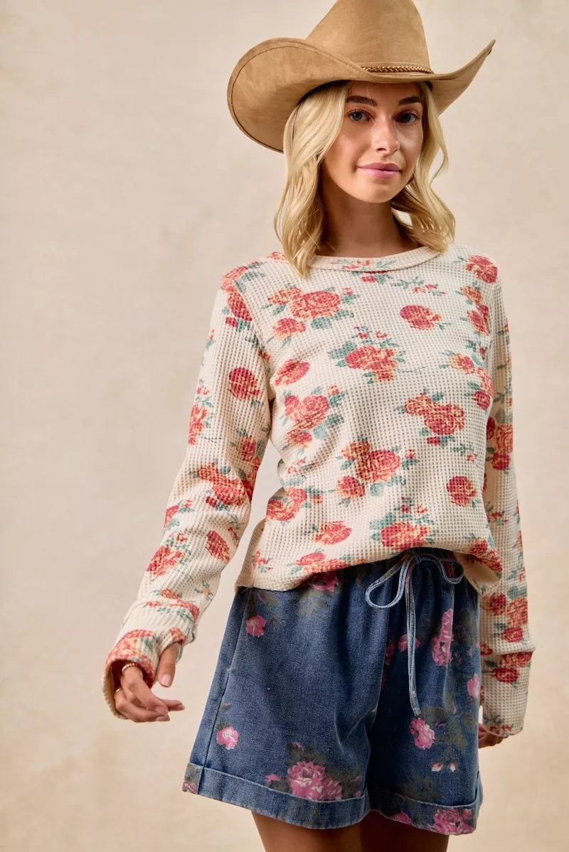 BiBi Floral Print Washed Waffle Thermal Top With Thumb - Sydney So Sweet
